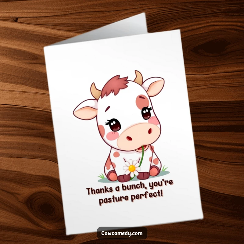 Funny Free Printable Thank You Card: Cute spotted cow holding a daisy, expressing thanks, perfect for a heartfelt DIY thank you.