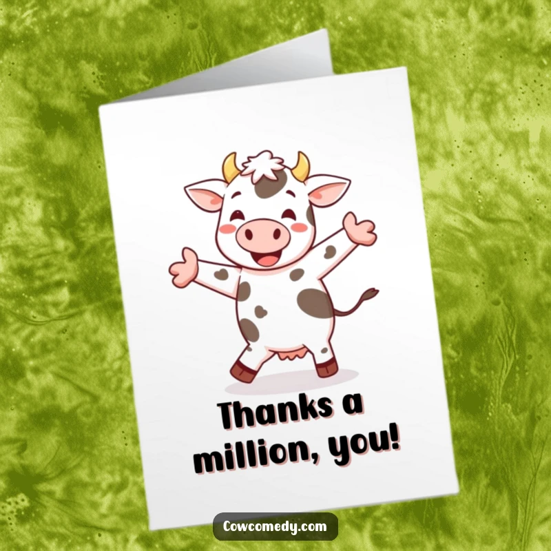 Funny Free Printable Thank You Card: A cheerful spotted cow performs a happy jig, offering thanks with playful energy.