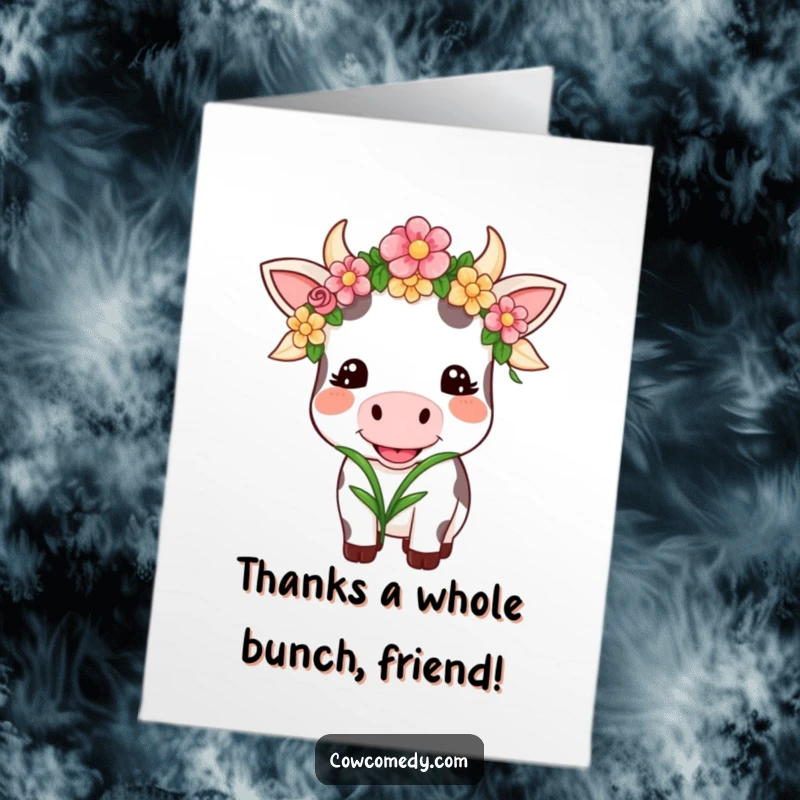 Funny Free Printable Thank You Card: Kawaii cow in floral garland, smiling and chewing grass appreciatively.
