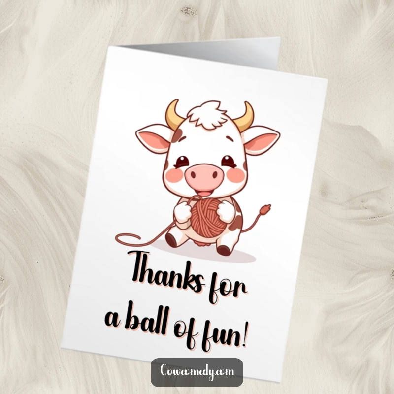 Funny Free Printable Thank You Card featuring a happy cow enthusiastically bouncing a yarn ball with its nose, sending thanks.