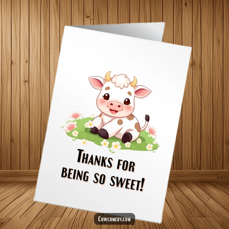 Funny Free Printable Thank You Card: A tiny cow blissfully rolling in a soft, green clover field.