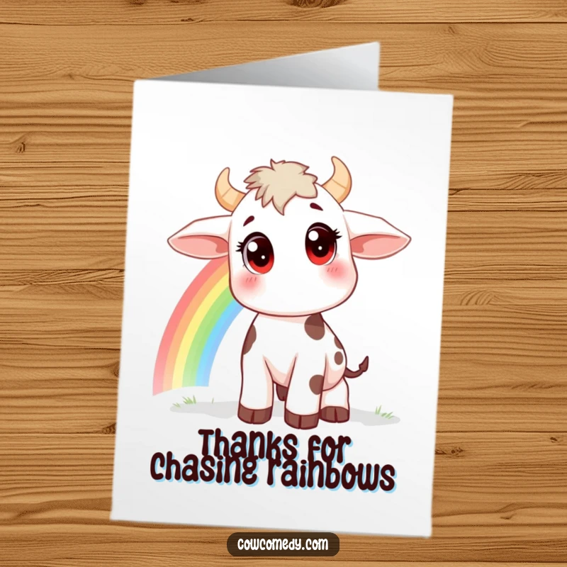 Funny Free Printable Thank You Card: Small cow with big eyes, gazing at a rainbow, expressing thanks, perfect for a charming DIY thank you.