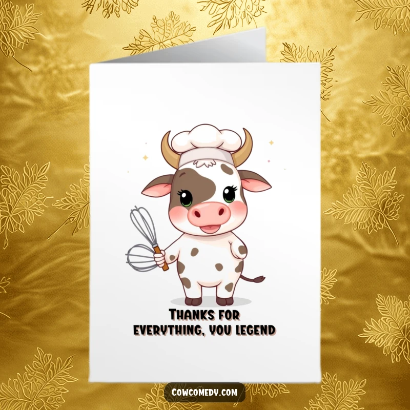 Funny Free Printable Thank You Card: Silly cow chef offering thanks with a giant whisk, a humorous gesture.