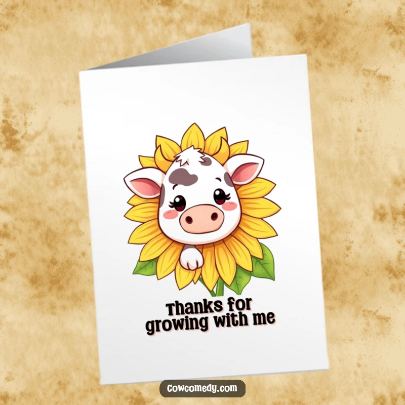 Funny Free Printable Thank You Card: Kawaii cow peeking from behind a sunflower, offering a shy but sincere thank you.