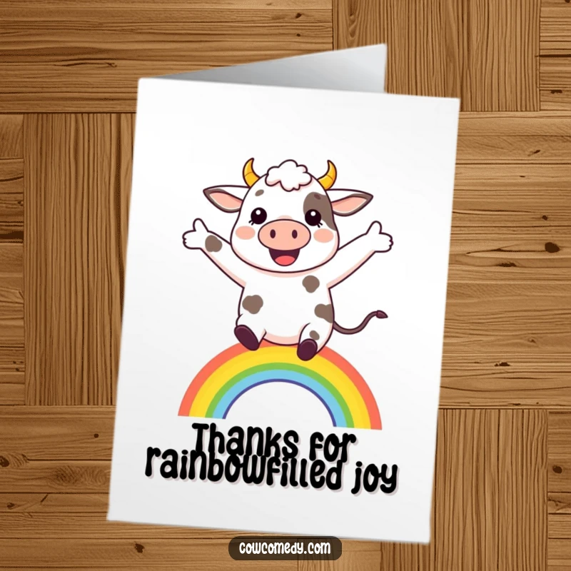Funny Free Printable Thank You Card: Cheerful cow leaping over a rainbow, conveying thanks with boundless joy.