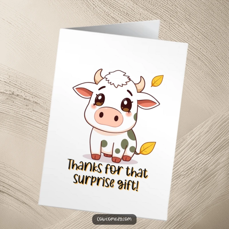 Funny Free Printable Thank You Card: A cow with wide eyes watches a single leaf fall, conveying simple thanks.