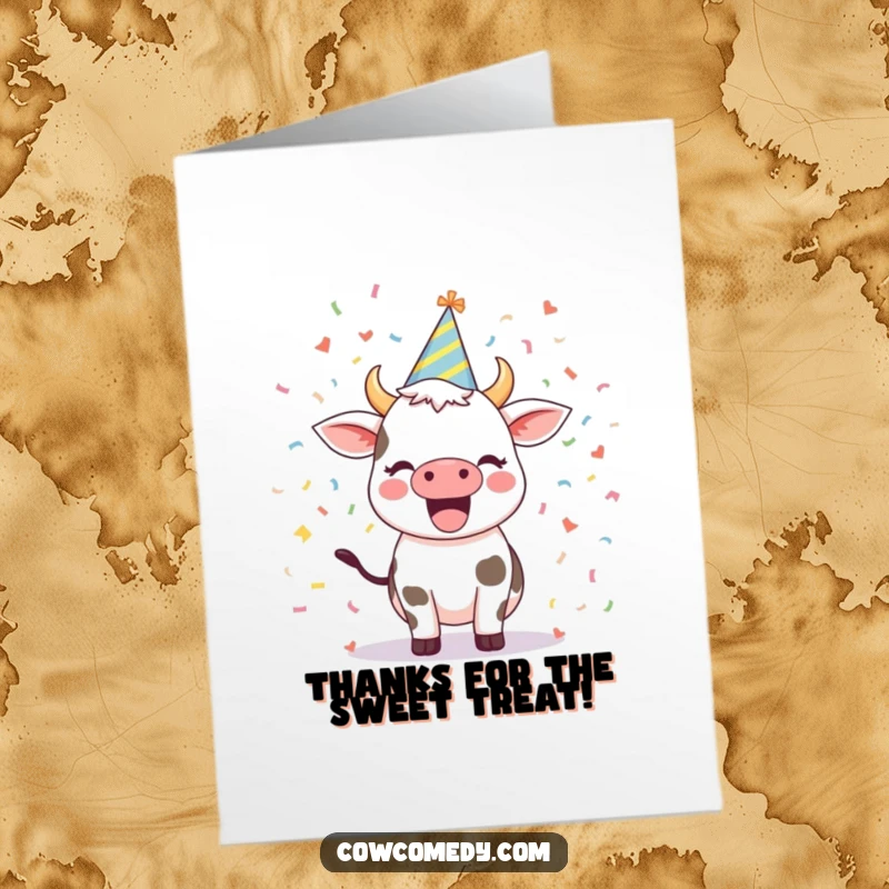 Funny Free Printable Thank You Card: An excited cow in a party hat, sending thanks with confetti.