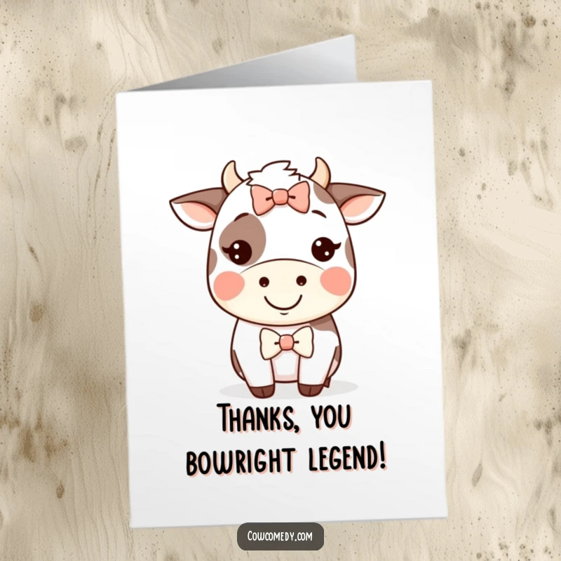 Funny Free Printable Thank You Card: Kawaii cow with a big happy grin, wearing a silly bow to say thank you.