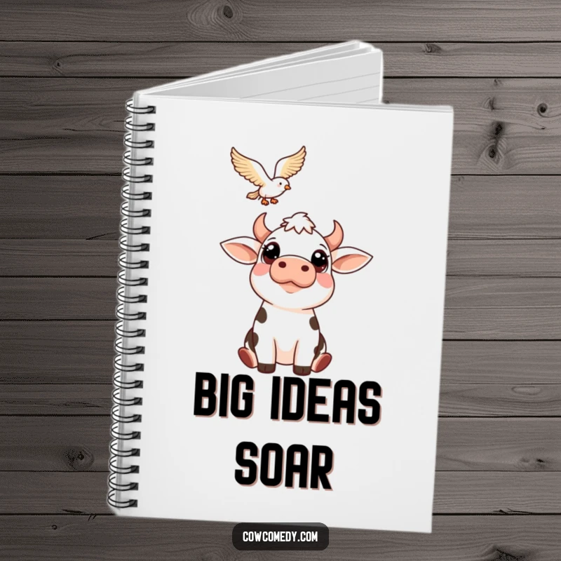 Funny notebook with a cow's big, innocent eyes looking up at a bird. Ideal for journaling, note-taking, and capturing inspired thoughts.