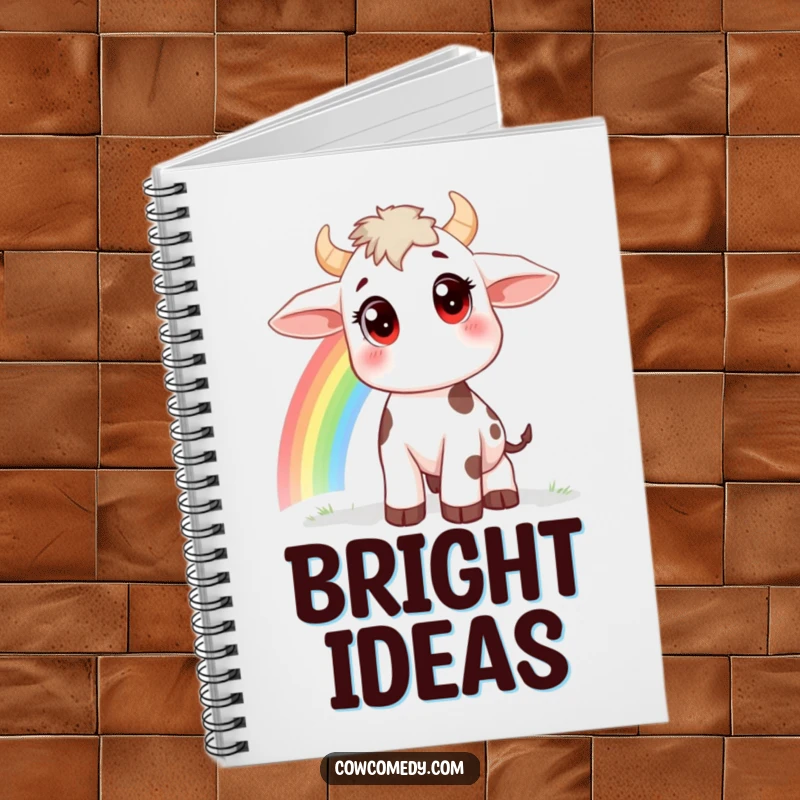Funny notebook with a curious cow, large eyes, watching a rainbow, ideal for journaling and notes, a great funny gift.