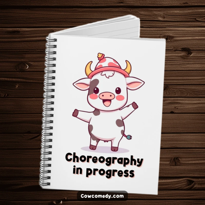 Funny kawaii cow wearing a silly hat, joyfully dancing, on the cover of a lined notebook.