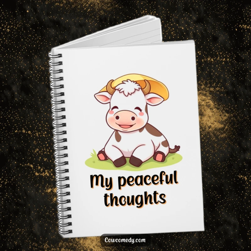 Funny contented cow relaxing under a sunshade on a notebook cover, encouraging peaceful writing and reflection.