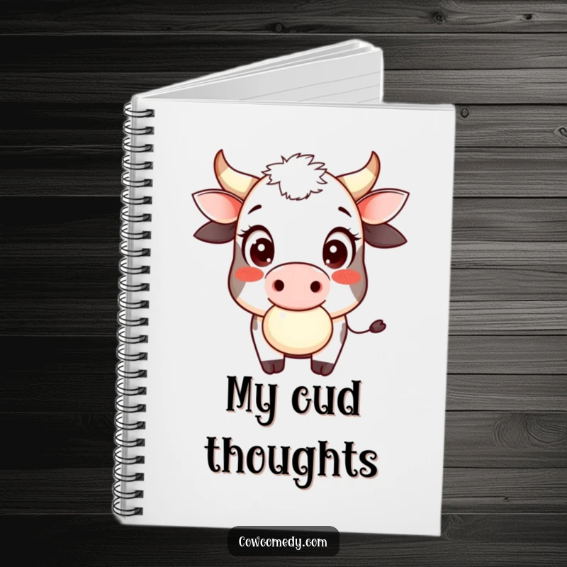Funny cow cud chewer notebook depicting a smiling cow with large innocent eyes playfully chewing cud, perfect for gentle thoughts.