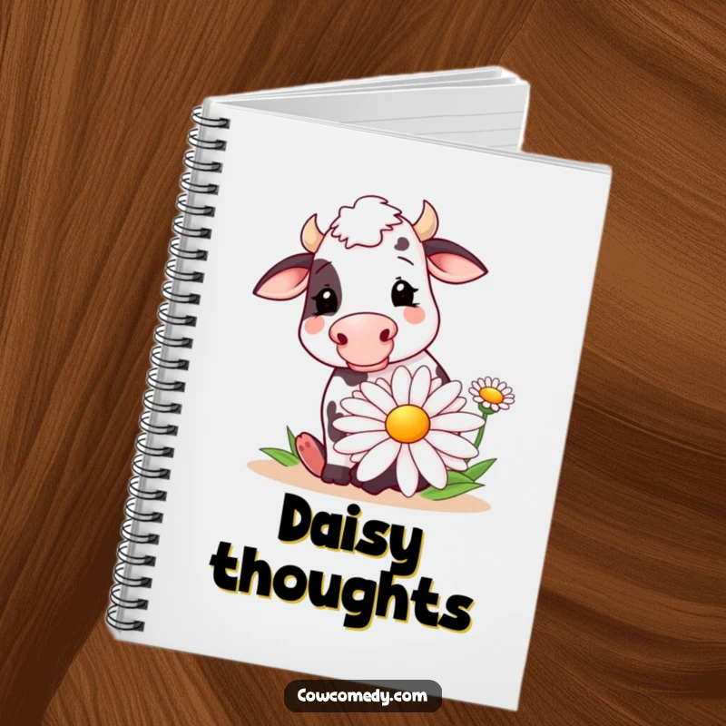 Funny notebook with a happy cow enjoying a huge stylized daisy on the cover. Ideal for journaling, note-taking, and creative thinking.