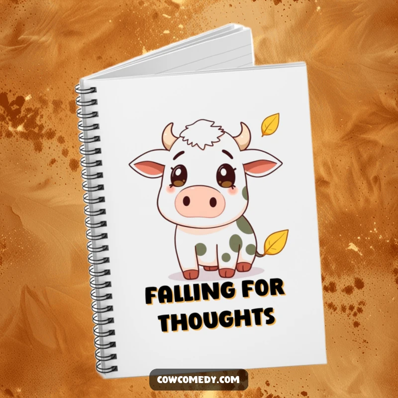 Funny notebook with a cow showing surprise as a leaf falls. Ideal for journaling, note-taking, and capturing seasonal thoughts.