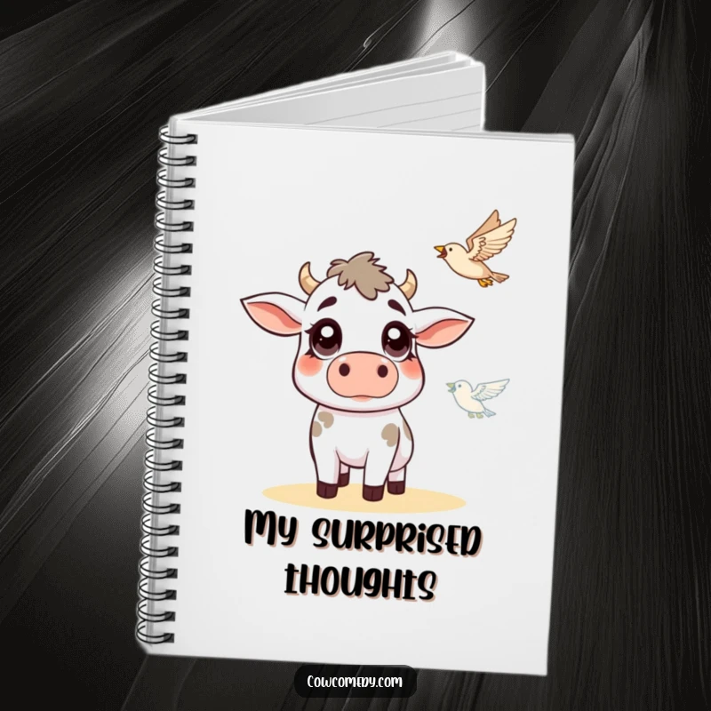 Funny cow notebook cover with a cow with wide, surprised eyes looking at a flying bird, for journaling surprising thoughts.