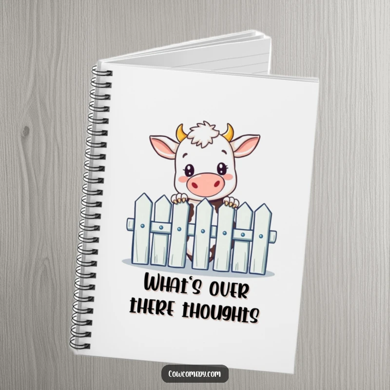 Funny notebook with a curious cow peeking over a picket fence, perfect for jotting down notes with a humorous touch.