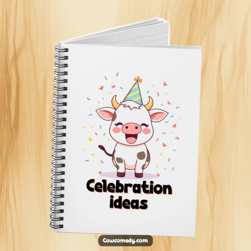Funny notebook featuring an excited cow wearing a party hat amidst confetti, perfect for capturing creative ideas and festive plans.