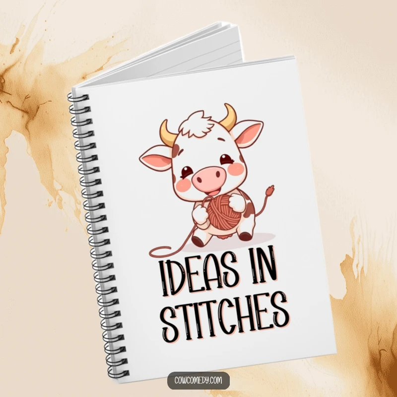 Funny notebook cover showing a happy cow using its nose to bounce a ball of yarn, designed to inspire creativity and smiles.