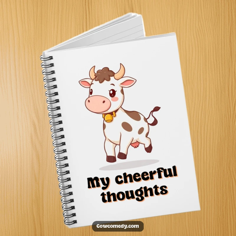 Funny notebook cover showing a happy cow with a bell, skipping joyfully, designed to inspire cheerful thoughts and creativity.