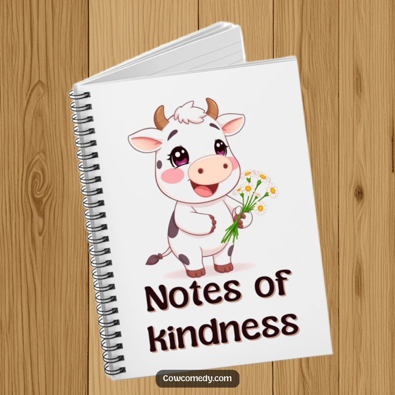 Funny Happy Cow Notebook: A cheerful cow character holding a small bouquet of daisies, perfect for writing down happy thoughts.