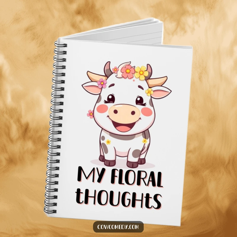 Funny happy cow notebook with a wide smile and flowers, perfect for jotting down notes and bright ideas.