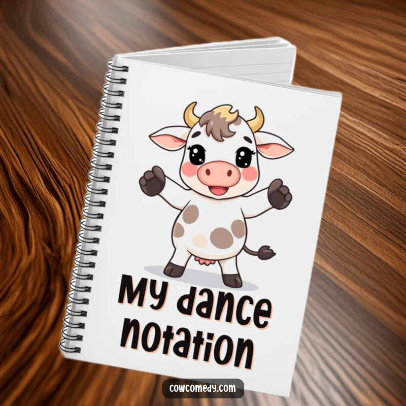 Funny Kawaii cow notebook with a cow doing a goofy dance move with its hooves, perfect for energetic notes.