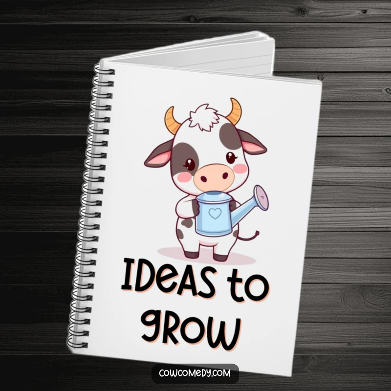 Funny kawaii cow notebook with a cute cow holding a tiny watering can, looking playful and ready for gardening notes.