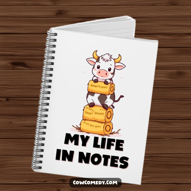 Funny Kawaii Cow Notebook: A kawaii cow humorously balances a stack of hay bales, perfect for a funny journal.