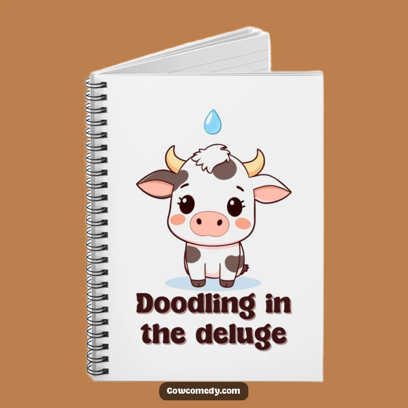 Funny kawaii cow notebook, a perfect gift for writers, featuring a surprised cow and a falling raindrop.