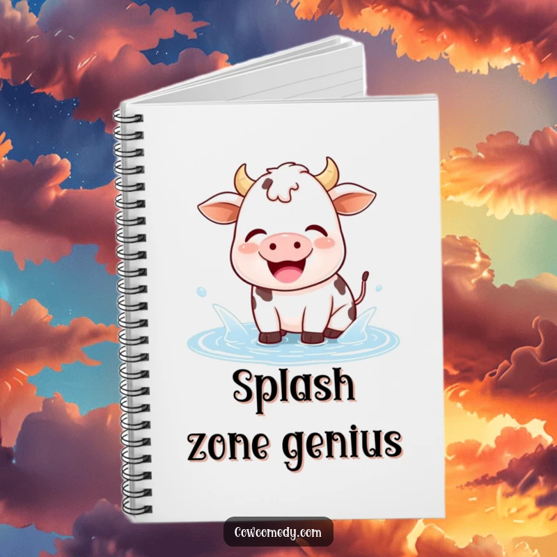 Funny kawaii cow notebook with a happy cow joyfully splashing in a small puddle, perfect for recording happy thoughts and doodles.