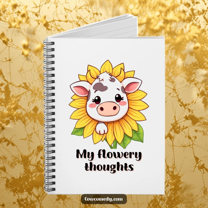 Funny Kawaii cow notebook with a shy cow peeking from behind a sunflower, perfect for jotting down sweet thoughts.
