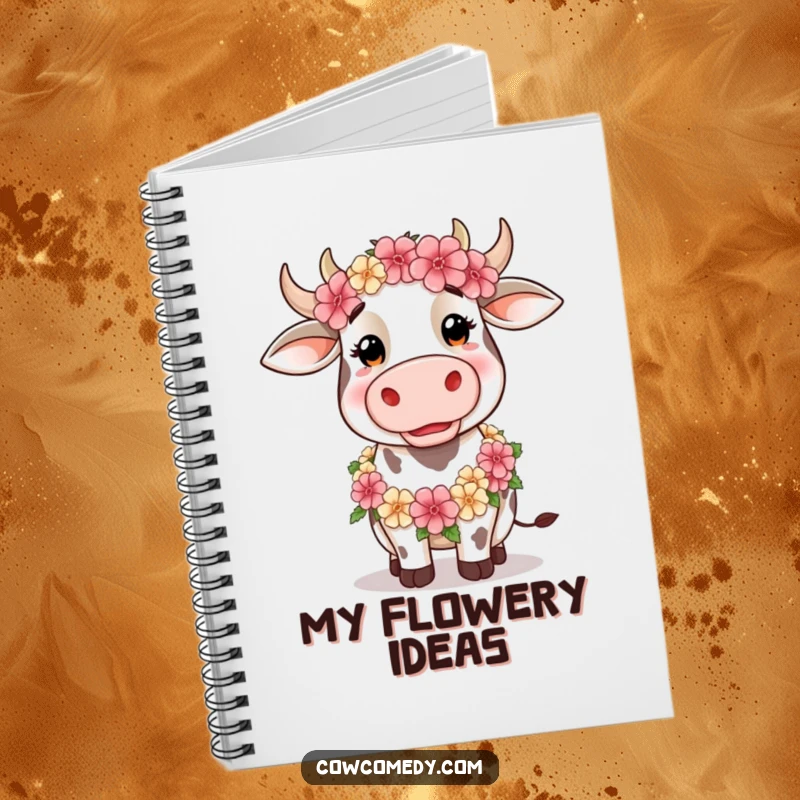 Funny Notebook with a silly cow wearing a floral garland, for capturing whimsical ideas with humorous charm.