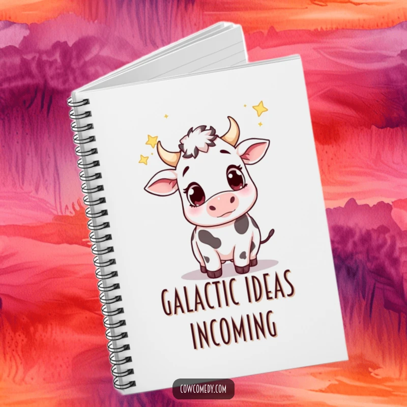 Funny notebook with a cute cow, big wondering eyes, reaching for falling stars, ready for your notes and doodles.