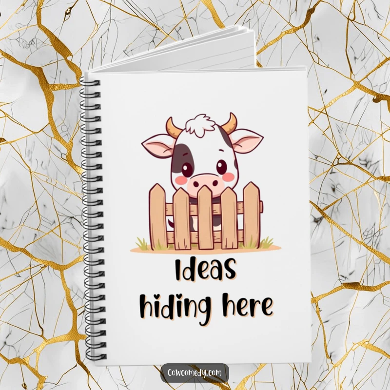 Funny kawaii cow notebook with a cute cow peeking shyly over a small cartoon fence, ideal for notes and doodles.