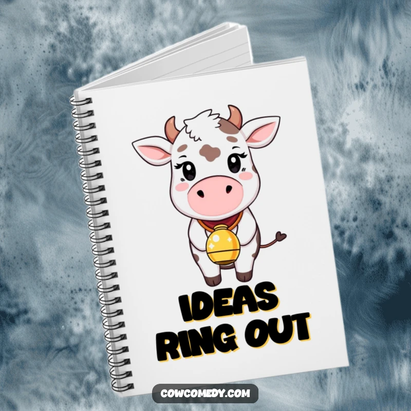 Funny notebook cover featuring a whimsical cow with a gentle smile, wearing a bell that emits twinkling sparkles. Ideal for journaling.