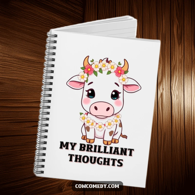 Funny Notebook with a gentle cow wearing a flower garland, ideal for writing, drawing, and capturing ideas with a charming touch.