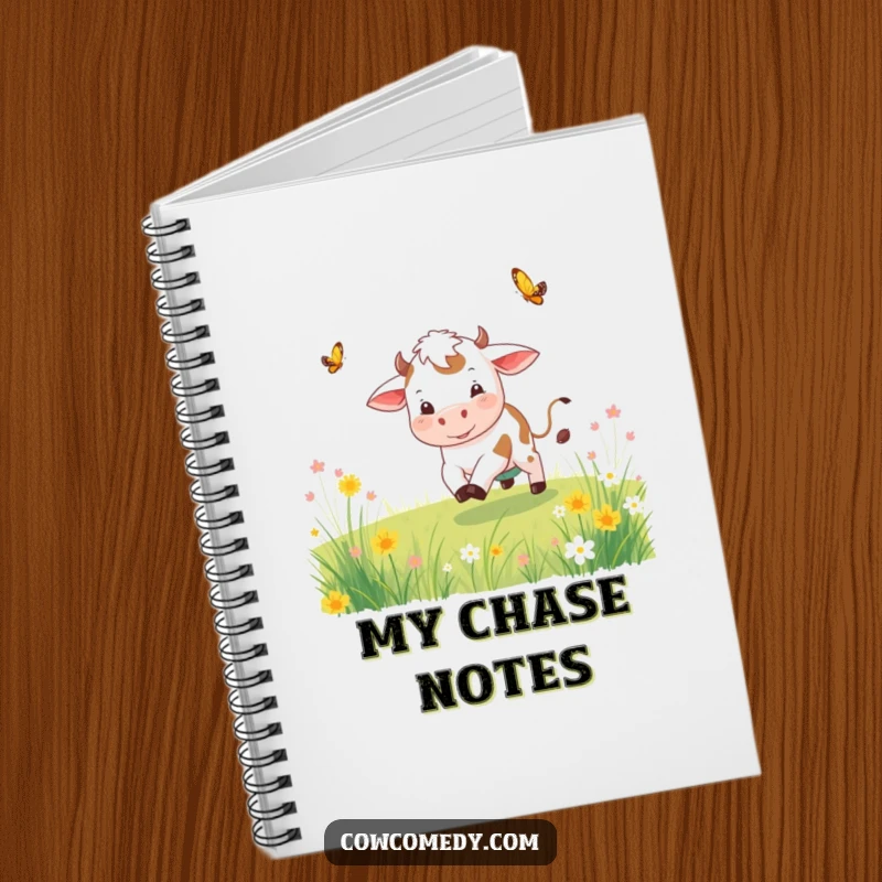 Funny playful cow notebook with a cow chasing a butterfly, ideal for notes, sketches, and imaginative writing.
