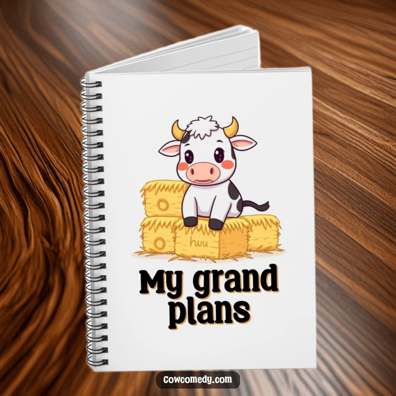 Funny Notebook featuring a determined cow balancing hay, for capturing ambitious plans with motivational humor.