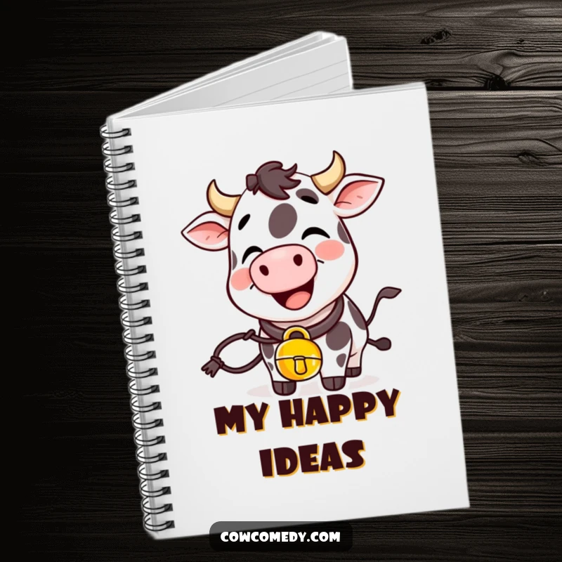 Funny giggling cow notebook with a cowbell, ideal for jotting notes, creative ideas, and happy thoughts.