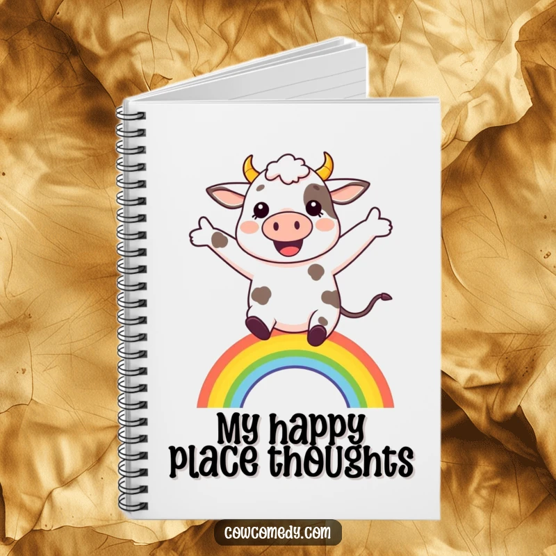 Funny cheerful cow leaping over a small rainbow on a notebook cover, inspiring bright ideas and happy journaling.