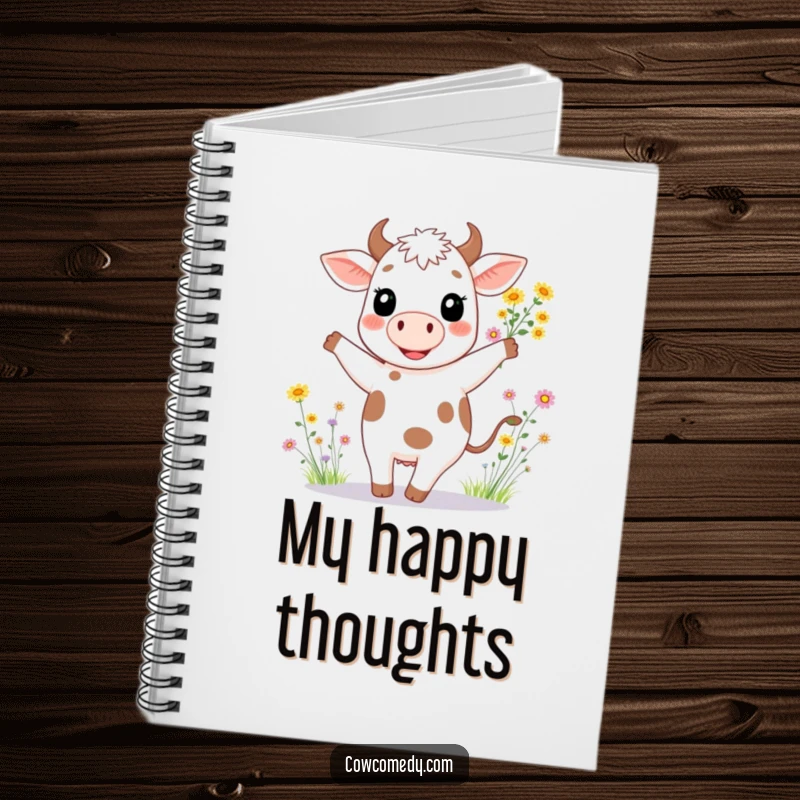 Funny notebook featuring a smiling cow dancing with a bouquet of wildflowers, ready for your notes.