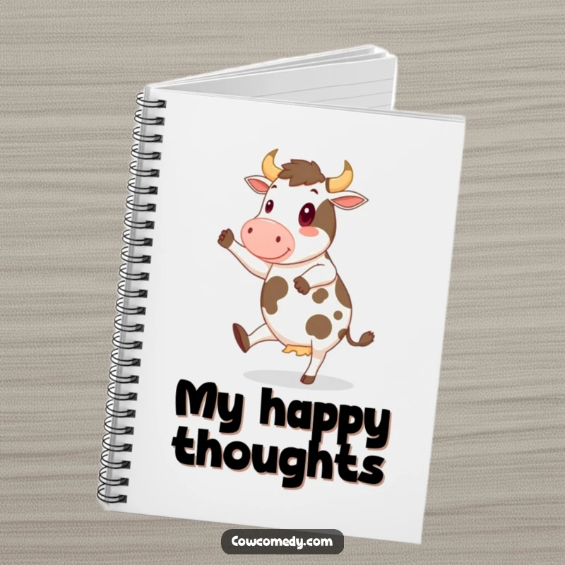 Funny Notebook with a cheerful cow on the cover, dancing, for capturing bright ideas with humorous delight.