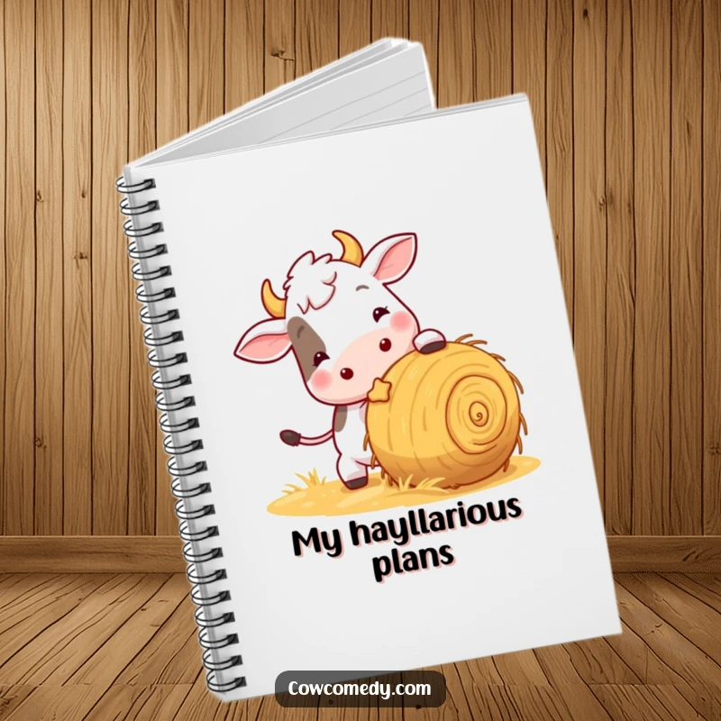 Funny notebook with a playful cow nudging a rolling ball of hay, ideal for jotting down ideas with a touch of energetic humor.