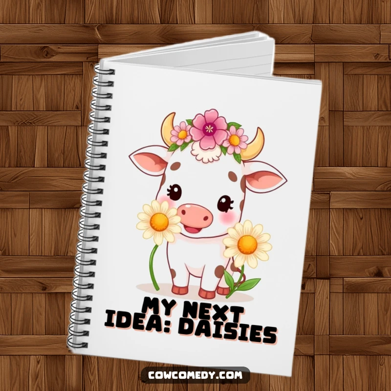 Funny kawaii cow wearing a flower crown, happily chewing a large daisy, on the cover of a lined notebook.
