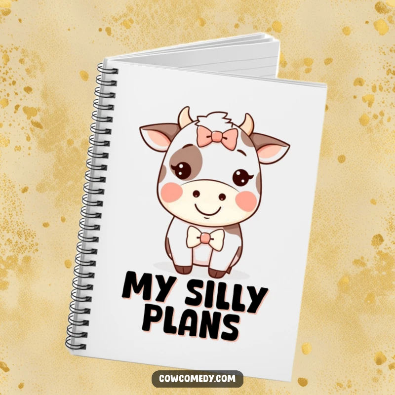 Funny Kawaii cow notebook with a happy grinning cow wearing a silly bow, perfect for jotting down joyful thoughts.