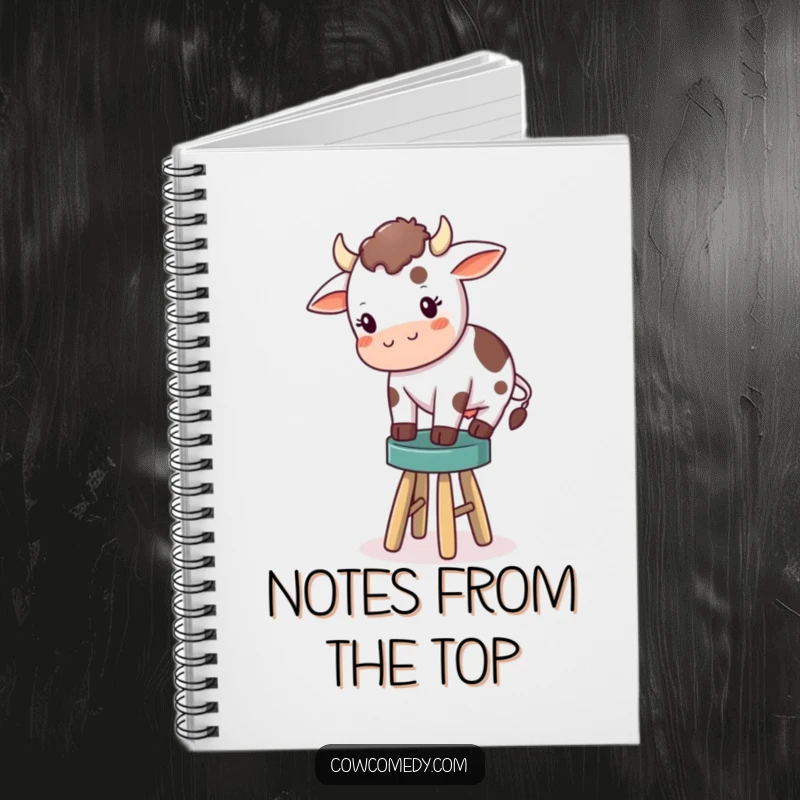 Funny notebook cover with a cute cow trying to balance on a tiny stool, designed to bring a smile to note-taking sessions.