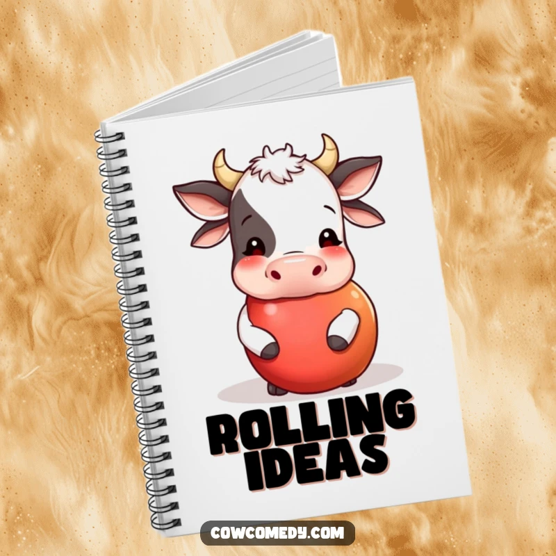 Funny notebook with a cow nudging a large, round apple that is rolling. Ideal for journaling, note-taking, and creative planning.