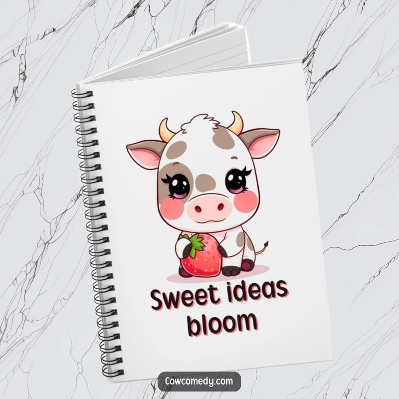 Funny kawaii cow notebook with a cute cow blushing and offering a giant strawberry, ideal for journaling sweet thoughts.
