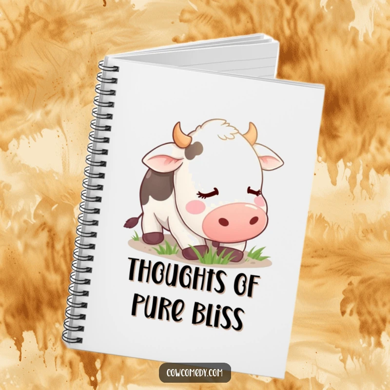 Funny Notebook with a contented cow on the cover, eyes closed, peacefully grazing, for jotting down ideas with a smile.